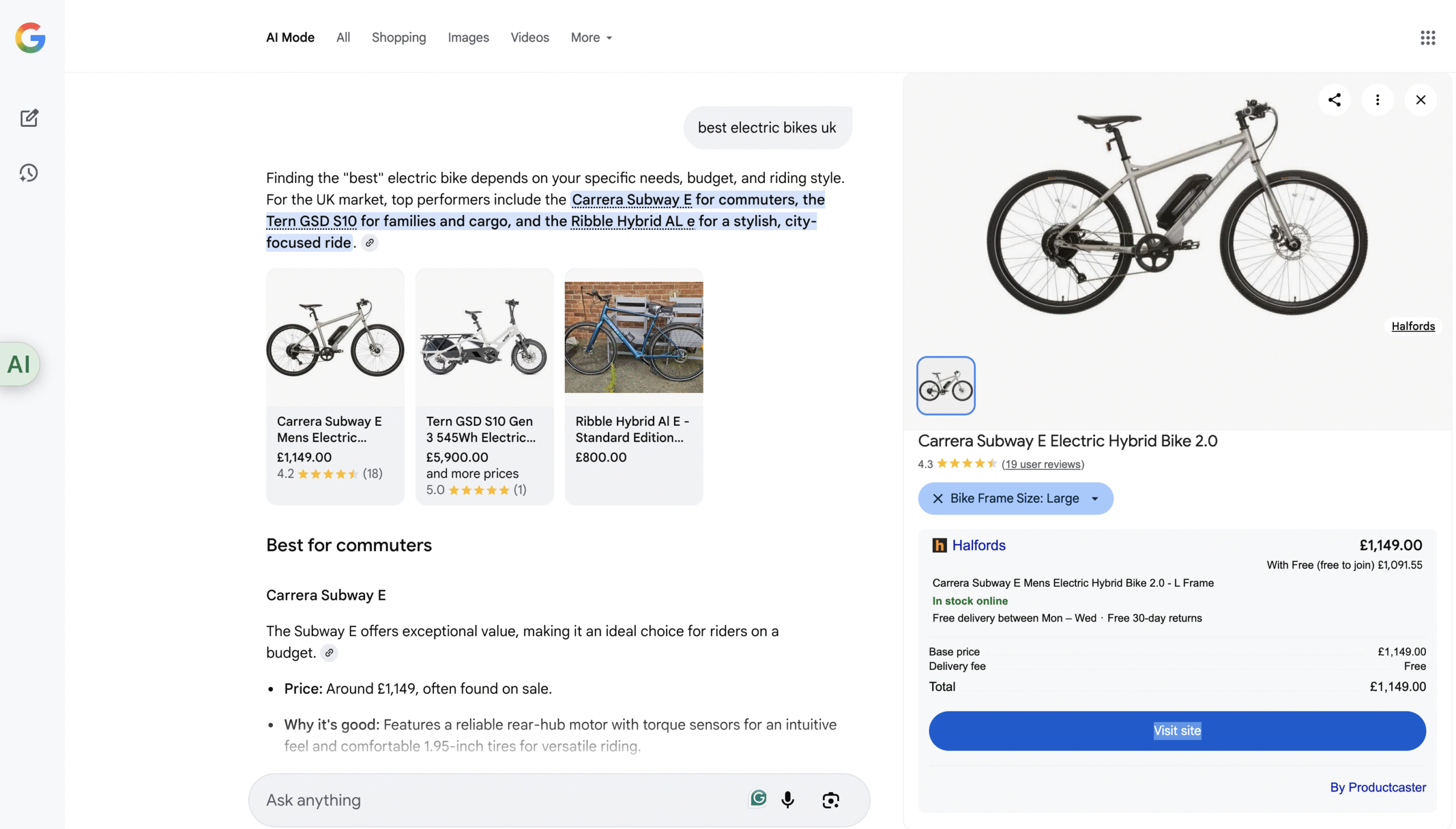 Halfords – Featured in Google AI Overview for “Best Electric Bikes UK”